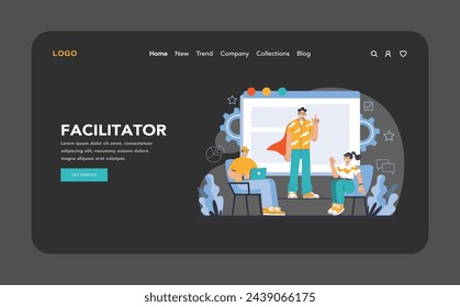 Facilitator night or dark mode web or landing page. Guided team engagement for optimized meeting productivity. Leadership in collaborative environments. Flat vector illustration.