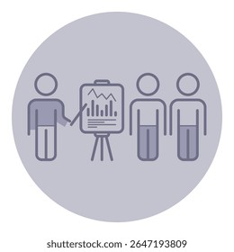 Facilitador que apresenta informações a um grupo pequeno. Gráfico no cavalete exibindo dados. Participantes envolvidos, indicando ambiente colaborativo focado no desenvolvimento profissional