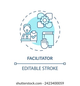 Icono de concepto azul suave del facilitador. El personal dirige los debates. Comunicación abierta. Ilustración de línea de forma redonda. Idea abstracta. Diseño gráfico. Fácil de usar en material promocional