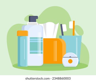 Facilities in bathroom concept. Hygiene set, skion, tooth and body care. Pack of gels and lotions, wet wipes. Soap and toothpaste with toothbrushes. Cartoon flat vector illustration