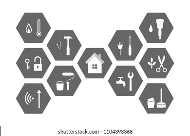 Facilities management concept with building and working tools. Extensive icon set and illustration.