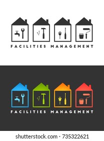 Facilities management logo concept. Wrench, hammer, screwdriver and paint roller icons.