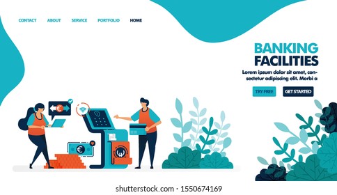 Facilities on banking service. Automatic teller machine or atm service. Deposit, transfer and withdraw cash. Flat vector illustration for landing page, web, website, banner, mobile apps, flyer, poster