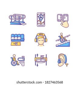 Facilities for people with disabilities RGB color icons set. Accessible seating. Video description. Braille alphabet. Hearing loop. Audio described TV programmes. Isolated vector illustrations