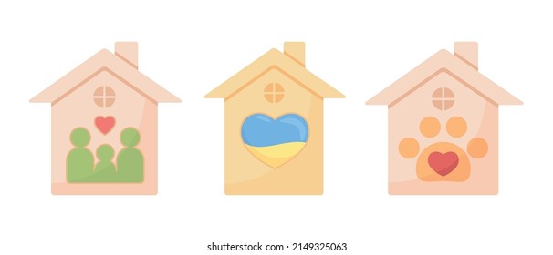 Facilities providing relief to refugees and pets semi flat color vector object set. Full sized items on white. Simple cartoon style illustration collection for web graphic design and animation