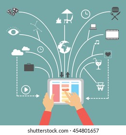 Facilities of tablet vector illustration, online shopping, food order, delivery, movie watching, travel booking and planning, music listening, business.
