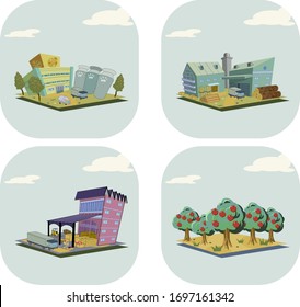 Facility and building icons for maps and games,
Food factory,
Furniture factory,
market,
Orchard