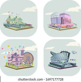 Facility and building icons for maps and games, station,
Commercial facility,
amusement park,
Stadium