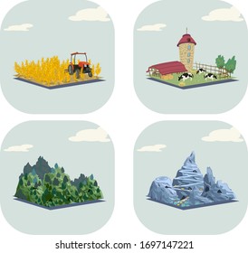 

Facility and building icons for maps and games,Wheat field,Ranch,Forest,Mine