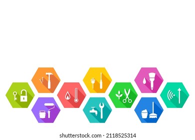 Facility and facilities management, maintenance, repair, renovation concept with work tool icon set and blank copy space