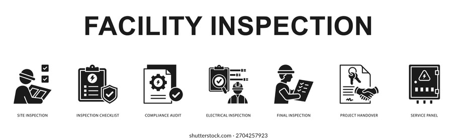 Facility Inspection Moderne und saubere Web-Banner-Illustration mit thematischen Symbolen für visuelle Kommunikation