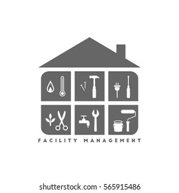 Facility management concept with building and various working tools inside