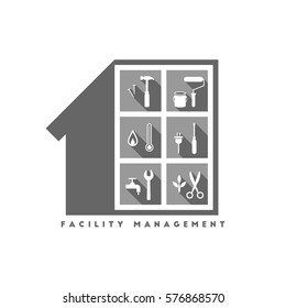 Facility management concept with building and various work tools inside