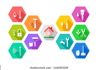 Facility management concept with house and related working tools in colorful flat design. Icon set in hexagon shape.