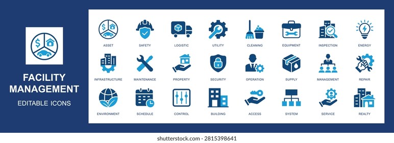 Facility management icon set featuring maintenance, security, logistics, and property operations. Blue flat vector icons for business.