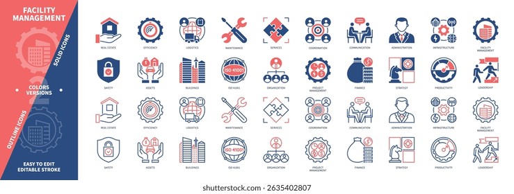 Facility Management icon set. Real Estate, Finance, Management, Administration, Infrastructure, Efficiency, Safety, Maintenance. Duotone color solid and editable outline icons