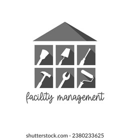 Facility management logo concept. Home, house, building and work tool icon set. Tools and icons in grey color. Vector illustration isolated on white background.