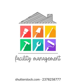 Facility management service with house or building and colorful work tool icon set: paintbrush, trowel, screwdriver, hammer, wrench, paint roller tools, icons. Facilities, property, estate management.