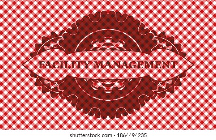 Facility management text inside red checkered tablecloth badge. Restaurant graceful background. Vector illustration. 