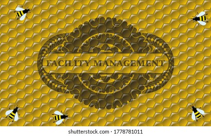 Facility management text inside sweet honey bees emblem.beekeeping exquisite background. Illustration. 