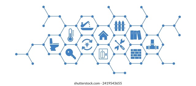 Facility management vector illustration. Concept with icons related to commercial office or residential property caretaker service, building management maintenance, handyman repairman.