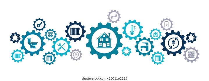 Facility management vector illustration. Concept with icons related to commercial and office or residential property caretaker service, building management and maintenance, handyman and repairman