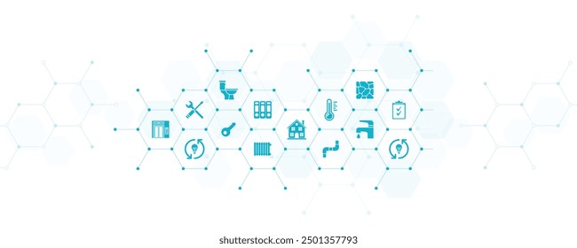 Facility management vector illustration. Concept with icons related to commercial and office or residential property caretaker service, building management and maintenance, handyman and repairman