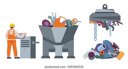 Facility for recycling, isolated worker in uniform loading machine with garbage. Personage wearing helmet holding bunch of litter and rubbish. Machinery magnet for metal. Vector in flat style