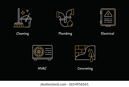 Facility Services Icon Set. Cleaning, Plumbing, Electrical, HVAC, and Concreting Symbols in Minimal Color Line Style. Editable Stroke.