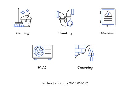 Facility Services Icon Set. Cleaning, Plumbing, Electrical, HVAC, and Concreting Symbols in Minimal Color Line Style. Editable Stroke.