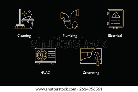 Facility Services Icon Set. Cleaning, Plumbing, Electrical, HVAC, and Concreting Symbols in Minimal Color Line Style. Editable Stroke.