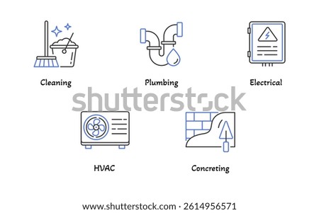 Facility Services Icon Set. Cleaning, Plumbing, Electrical, HVAC, and Concreting Symbols in Minimal Color Line Style. Editable Stroke.