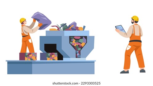 Facility workers loading machine for recycling. Ecological awareness and care for nature. People in uniform with helmets separating plastics and metal items, pressing machinery. Vector in flat style