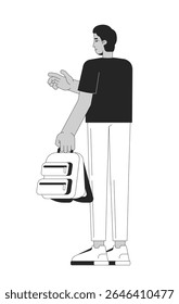 Facing away indian man holding backpack and pointing forward 2D line character. South asian young male everyday wear gesturing isolated vector ink outline person. Monochromatic spot illustration