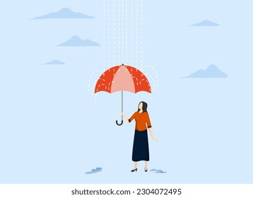 Facing bad luck, security against business error protection, trouble or depression, economic error or recession, confident businesswoman with umbrella to protect from rainstorm.