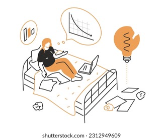 Facing crisis - modern line design style isometric illustration on white background. Composition with girl on the bed analyzing the data. Collection of statistics, search for solutions and ideas
