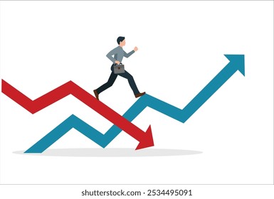 frente a una desaceleración en el mercado de valores o el mercado de los osos. Volatilidad económica. Recuperándose de la caída del mercado de valores. Adaptarse. hombre de negocios saltando de flecha roja hacia arriba. Ilustración vectorial plana.