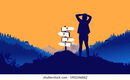 Facing multiple choices - Silhouette of young man in front of crossroad sign pointing in multiple directions. Life choices concept. Vector illustration.