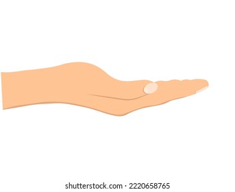 Facing up womans hand isolated on white background. Female open palm up in getting or receiving something gesture, holding, showing, presenting product.  Vector Illustration.