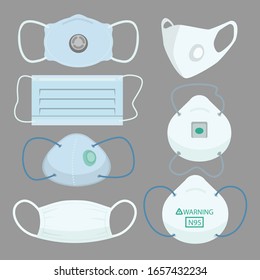 Facs Air pollution Mask, protective devices allergy for hospital Medical masks for prevent pm 2.5 dust and smog and  infectious disease breath example  SARS and CONVID 19.  flat vector illustration