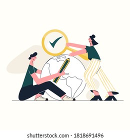 Fact check concept. Male and female characters with magnifying glass and pencil checking Earth. Verification accuracy facts. Man and woman exploring data. Flat vector illustration isolated on white