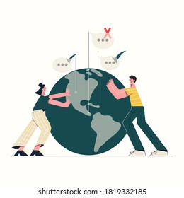 Fact check concept. Male and female characters checking Earth. Verification accuracy facts, true and false. Man and woman exploring data. Tiny people. Flat vector illustration isolated on white
