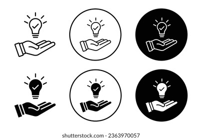 fact check icon. Lightbulb in hand symbol. Bright future or innovation lamp vector set. Creative idea check line sign. True thinking bulb logo. 