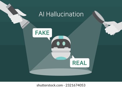 Fact Checking AI Hallucination with a Flashlight and Magnifier. A vector illustration of a turquoise theme.