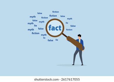 Fact checking, businessman with magnifying glass analyze fact from false info.
