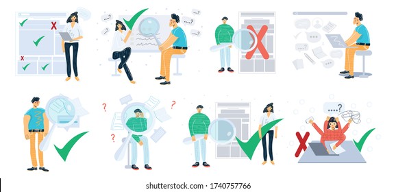 Fact checking. Truth or fake news. Fact check icon. Social media desinformation. Myth or truth flat vector illustration in cartoon style isolated on white background. Big set of working people