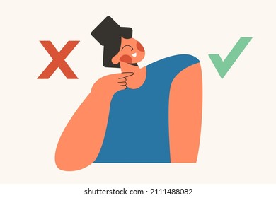 Fact checking woman with myth vs truth check mark. False and fake against true right source. Make choice. Analysis concept with character flat vector cartoon illustration isolated on white background