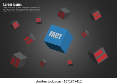 Concepto de hecho o falso. Cajas 3D con noticias falsas y una caja azul con datos