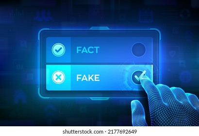 Fact or Fake. Making decision. Concept of thorough fact-checking or easy compare evidence. Hand on virtual touch screen ticking the check mark on Fake button. Vector illustration.