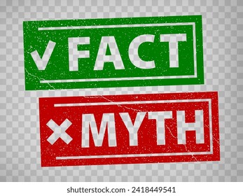 Sello rectangular de goma gruesa FACT y MYTH aislado sobre fondo transparente.  Verdadero o ficción con marca de verificación y cruz.  Sellos Green Fact y Red MYTH.  EPS10.  